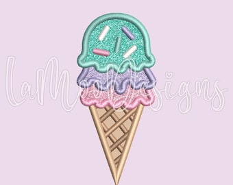 May include: A three-scoop ice cream cone with sprinkles. The ice cream is green, purple, and pink. The cone is brown and has a waffle texture.