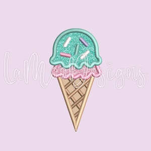 Eis Kegel Stickdatei Design, 5 Größen Eis Waffel Kegel, zwei Kugeln Eistüte, Satin Stich Stickerei Applikation