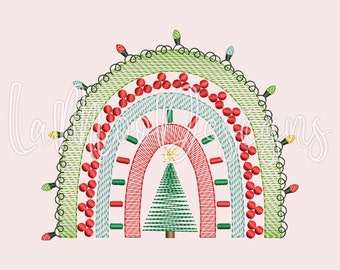 Christmas Sketch Rainbow with Lights Embroidery Design, Four Sizes 4x4 5x7 6x10 8x8, Christmas Rainbow