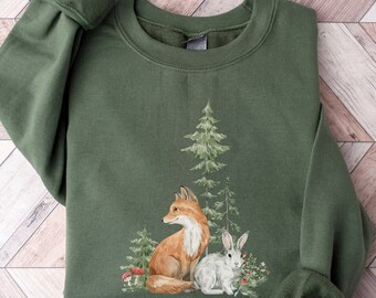 Cottagecore Crewneck Sweatshirt: Fox, Rabbit, Pine Tree Design