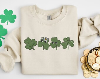 Embroidered St Patrick's Day Sweatshirt: Lucky Clover Crew Neck