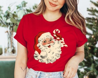 Retro Santa Graphic T-Shirt - Classic Christmas Shirt For Women