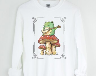 Cottagecore Aesthetic Shirt, Frog And Mushroom Vintage Style Shirt, Goblincore Sweatshirt, botanical mushroom sweatshirt, cute frog shirt