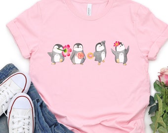 Valentine's Day Shirt, Women's Valentine Shirt, Penguin Shirt, Cute Valentine's Day Tees, Flower Shirt, Animal Nature Lover Gift For Her