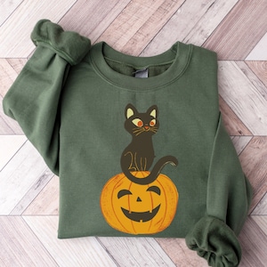 Black Cat on Pumpkin Sweatshirt, Sweater for fall, jack-o-lantern Sweater, Halloween Crewneck Sweatshirt, Halloween Gifts for Cat Owner