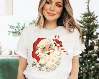 Retro Santa Graphic T-Shirt - Classic Christmas Shirt For Women