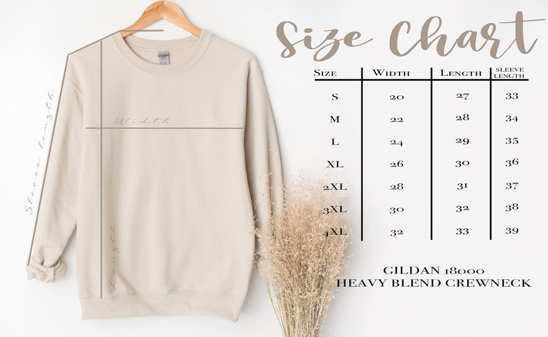 May include: Size chart for a Gildan 18000 heavy blend crewneck sweatshirt. The chart shows measurements in inches for width, length, and sleeve length for sizes S through 4XL.