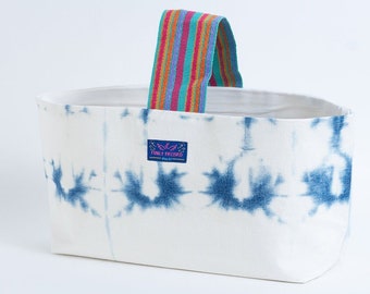 Reverse Tie Dyed Denim Knitting Project Bag - Handmade Project Tote - Yarn Bag - Rainbow Detail Strap - 100% Cotton Denim