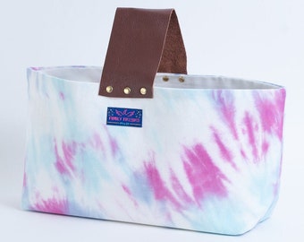 Blue Pink Tie Dyed Knitting Project Bag - Handmade Multi Color Project Tote - Yarn Bag - Repurposed Leather - 100% Cotton White Denim