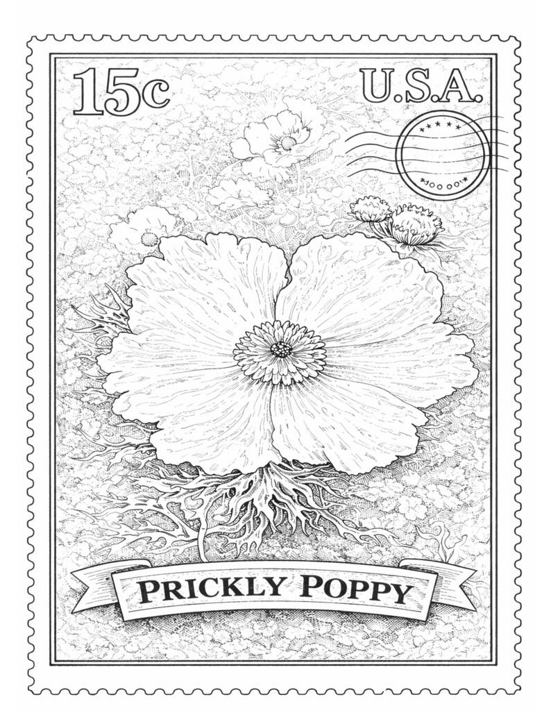 Vintage Stamp Coloring Pages Printable, Wildflower Botanical Coloring ...