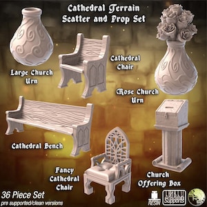 May include: A 36-piece set of cathedral-themed miniature furniture and decor for tabletop gaming. The set includes a large church urn, a rose church urn, a cathedral chair, a fancy cathedral chair, a cathedral bench, and a church offering box.