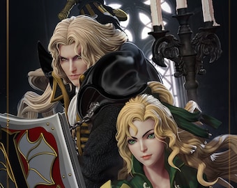 May include: A pair of fantasy figures, a man and a woman, in a gothic setting. The man is wearing a black and gold costume with a sword and shield. The woman is wearing a green and gold dress with a green ribbon in her hair. The background is a dark, gothic room with a stained glass window.