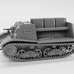 May include: A gray model of a tracked military vehicle with a cargo bed and seats in the back. The vehicle has a small gun turret on the front.