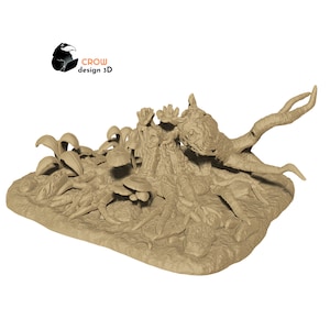 May include: A 3D printed model of a tree stump with roots, mushrooms, and plants. The model is made of a light brown material and is designed to be used as a miniature terrain piece for tabletop games.