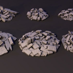 May include: Six piles of various sizes of broken wood and stone rubble. The piles are arranged in two rows of three. The piles are all on a gray surface.