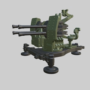 Puede incluir: Un cañón antiaéreo militar verde con dos cañones montados sobre una base de metal negro con cuatro patas.