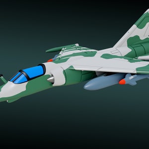 以下が含まれることがあります： 緑と白の迷彩柄の軍用ジェット機。機体の下部にミサイルが2つ取り付けられている