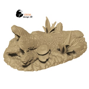 May include: A 3D printed model of a log with mushrooms and plants growing on it. The log is a light brown color and the mushrooms are a darker brown. The plants are a light green color.