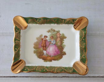 Vintage Limoges Fragonard Courting Couple Tray | Green Gold Porcelain Dish