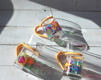 Vintage Marine Life Glass Mug | Yellow Handle Funky 90s Seaside Coffee Cup