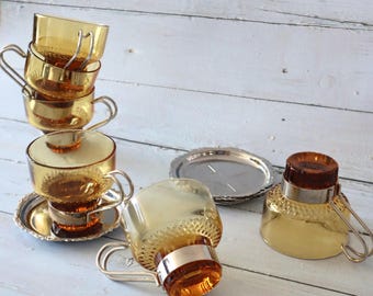 Vintage Italian Amber Glass Demitasse Cup with Chrome Handle | MCM Espresso Saucer
