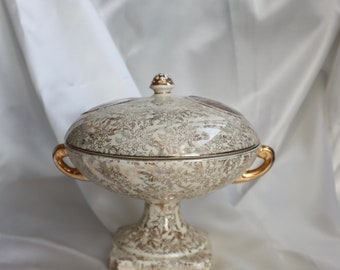 Antique Empire Ware England Two-Handled Gold Gilded Floral Pattern Lidded Compote Dish