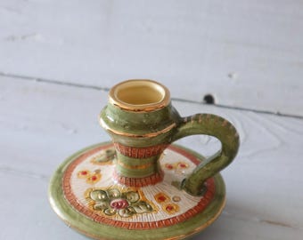 Vintage Deruta Hand-Painted Majolica Candle Holder | 24K Gold Gilt Italian Pottery