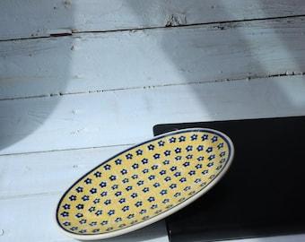 Vintage Polish Ceramic Plate – Blue Floral on Mustard Yellow