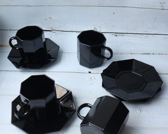 French Vintage Arcoroc Octime Black Coffee Cup & Saucer Set | Black Glass Mug