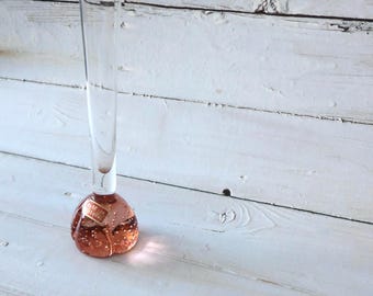 Vintage Portuguese Art Glass Bud Vase | Coral Peach Bubble Base, Hand Blown Home Decor