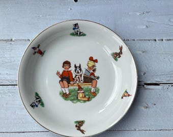 Vintage Children & Dog Porcelain Plate | 20.5cm Retro Kids Illustration