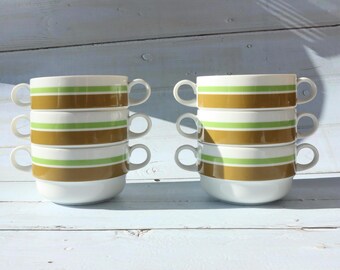 Vintage Arzberg Germany Soup Bowl | Retro 70s Mustard Green Stripes Mid-Century Modern Ceramic
