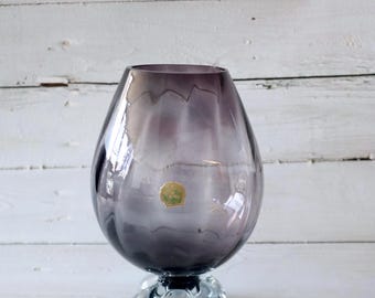 Vintage Swedish Art Glass Vase | Smoky Amethyst Purple, Bubbled Foot, Scandinavian Decor