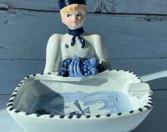 Vintage Delft Blue Ashtray: Dutch Boy & Windmill, Holland Ceramic Dish