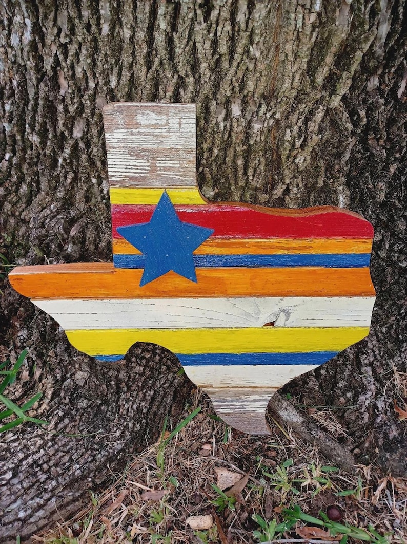 Texas-shaped hanging birdhouse featuring the Texas flag design, or the Houston Astros, Texans, or Rockets colors Houston Astros