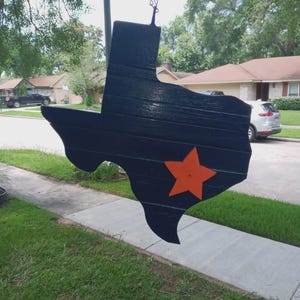 Texas-shaped hanging birdhouse featuring the Texas flag design, or the Houston Astros, Texans, or Rockets colors Solid Colors