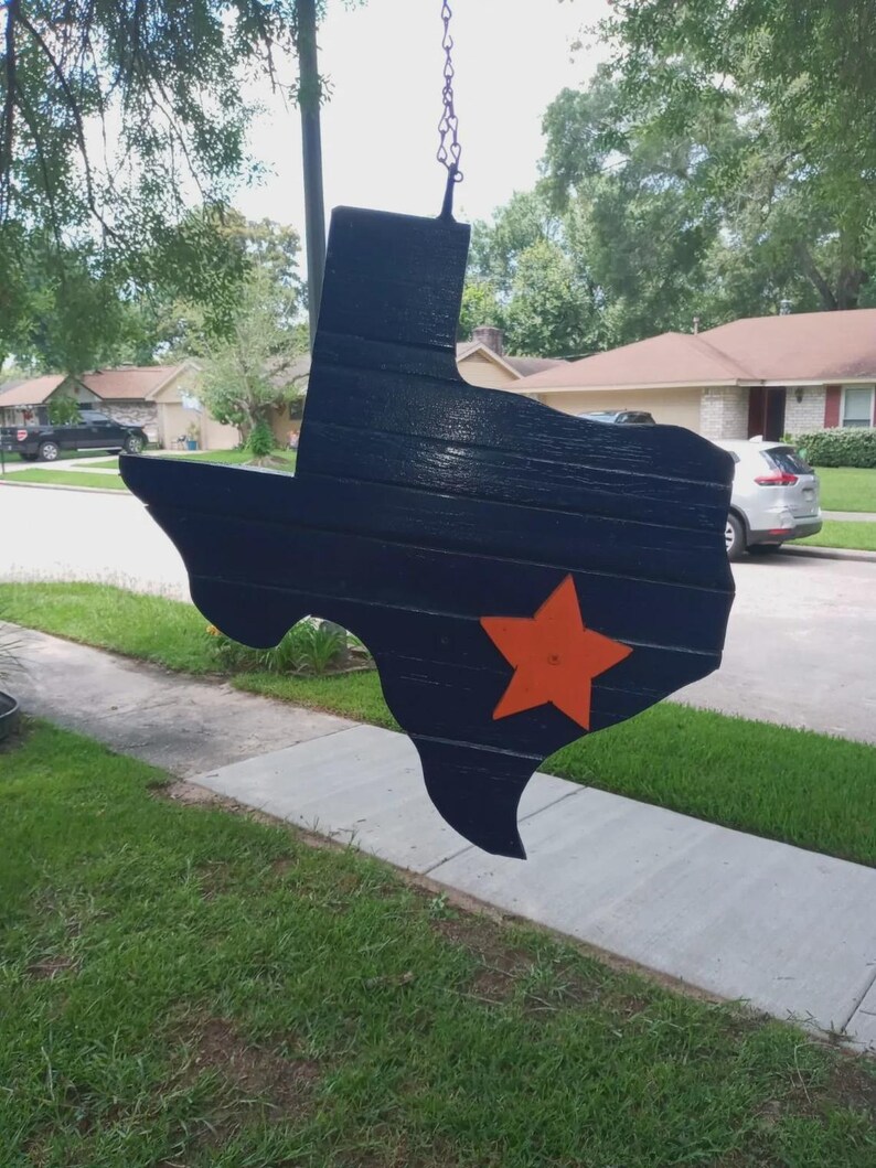 Texas-shaped hanging birdhouse featuring the Texas flag design, or the Houston Astros, Texans, or Rockets colors Solid Colors