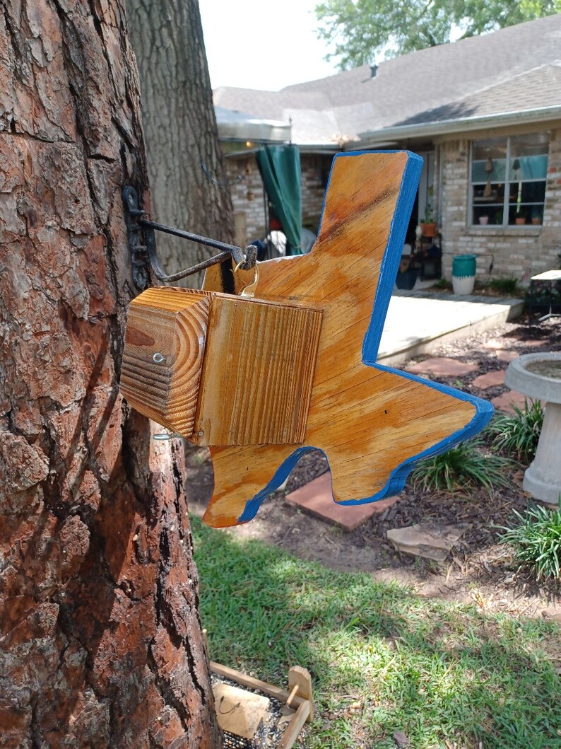 May include: A wooden bird feeder shaped like the state of Texas, painted blue around the edges, is hanging from a tree branch. The feeder is made of natural wood and has a small, square opening on the side.
