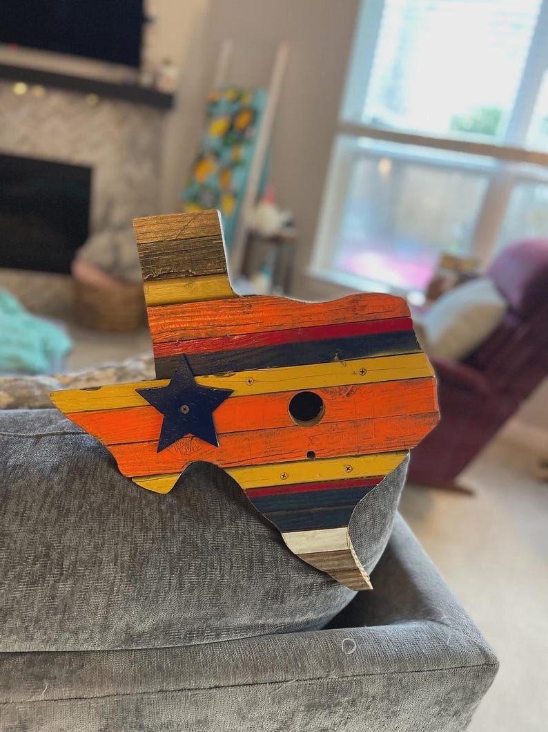 Texas-shaped hanging birdhouse featuring the Texas flag design, or the Houston Astros, Texans, or Rockets colors image 11