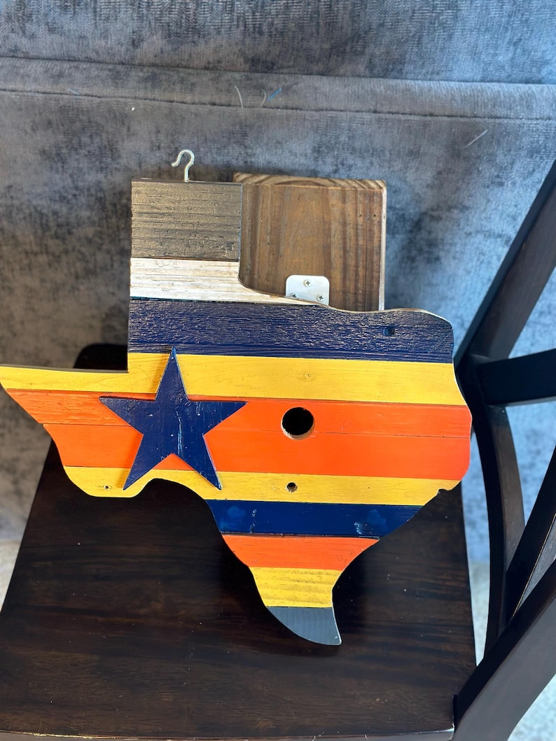 Texas-shaped hanging birdhouse featuring the Texas flag design, or the Houston Astros, Texans, or Rockets colors image 2