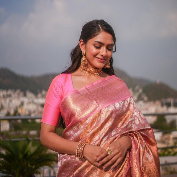 Light Pink Kanjivaram Soft Silk Saree With Blouse Piece Indian Wedding,Party Wear,Festive Designer Saree