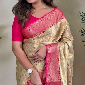 New Look Tissue Silk Saree for women with Rich Pallu, Wedding Pattu Silk Saree for Women, South Indian Tissue Saree,Blouse Stitch Option