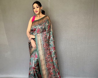 Multicolour Colour Soft Silk Kalamkari Rich Look Indian Traditional Printed Saree With Unstitched Blouse Piece, Ready to wear Saree