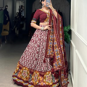 Red Tussar Silk Navratri Chaniya Choli for Women with Gamthi Work, Full Stitch Lehenga Choli for Navratri, Women Garba Dresses, garba Lover