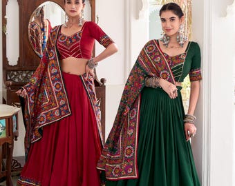 Pure zijde Navratri-chaniya-choli voor vrouwen met Gamthi-werk, Navratri Lehenga-choli voor Garba-avond, outfit van Indiase vrouwen etnische festival