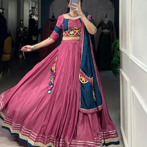 Navratri Chaniya Choli for Women with Real Mirror Work with Gamthi Work, Full Stitch Lehenga Choli for Navratri, Women Garba Dresses