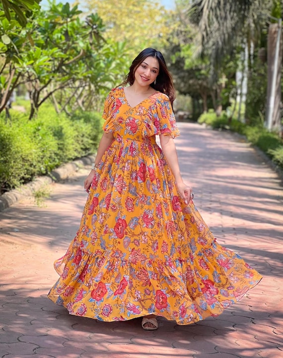 Yellow Long Dress for Women with Floral Abstract Print Yellow Long Dress for Women With Floral Abstract Print, Long Maxi Dresses  for Women, Summer Holiday Outfit,gift for Her Beach Wedding Outfit - Etsy
