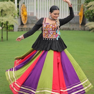 Multicolor pure cotton Navratri Chaniya Choli for Women with Kutchi Gamthi Work , Full Stitch Lehenga Choli for Navratri,Women Garba Dresses