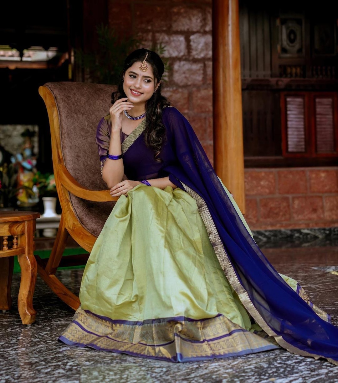 Traditional Green Kanjivaram Silk Half Saree Lehenga Set for
