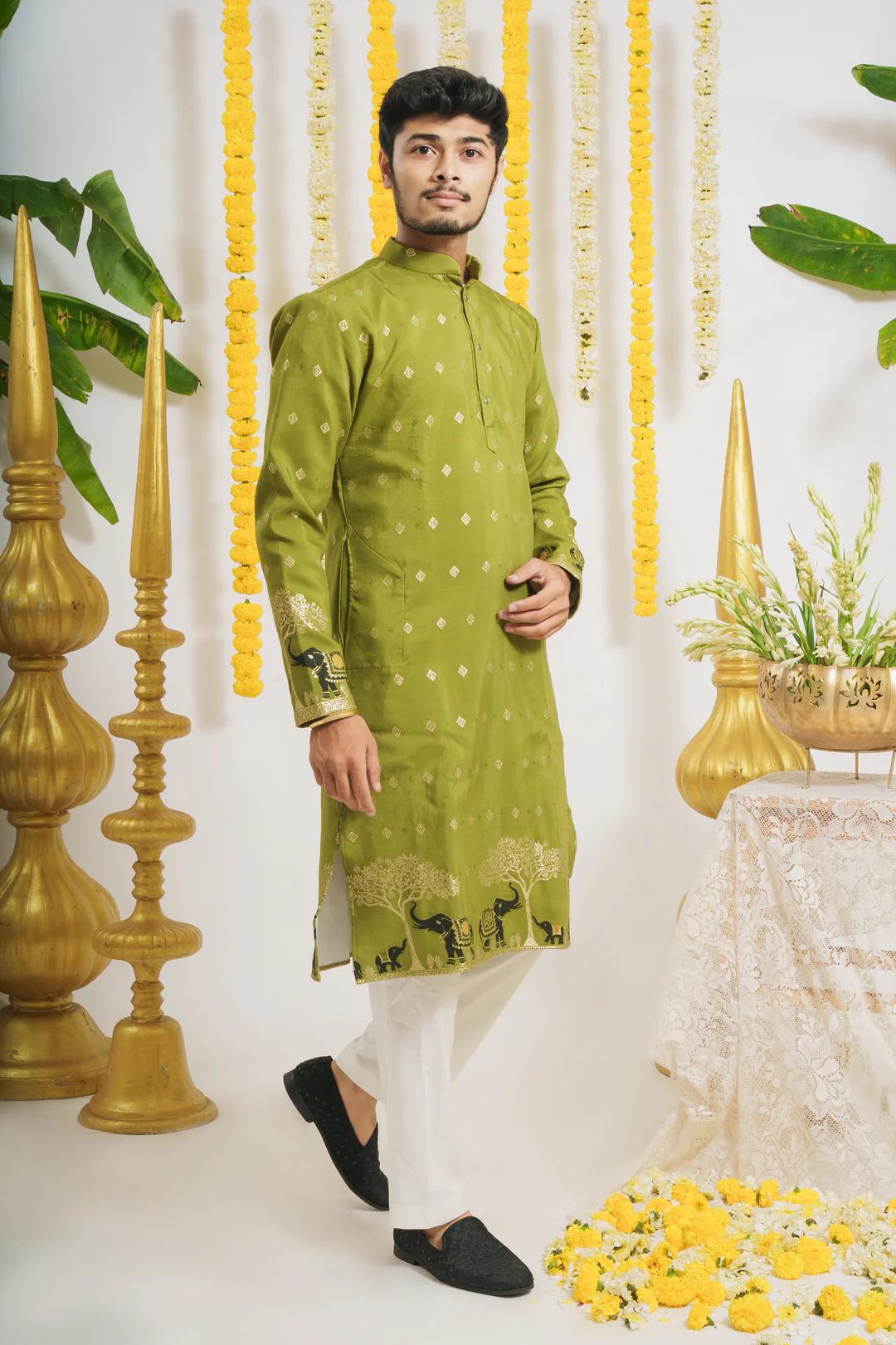 green emerald velvet dress Mehndi green fully embroidered & embellished waistcoat – Uomo Attire main image 0